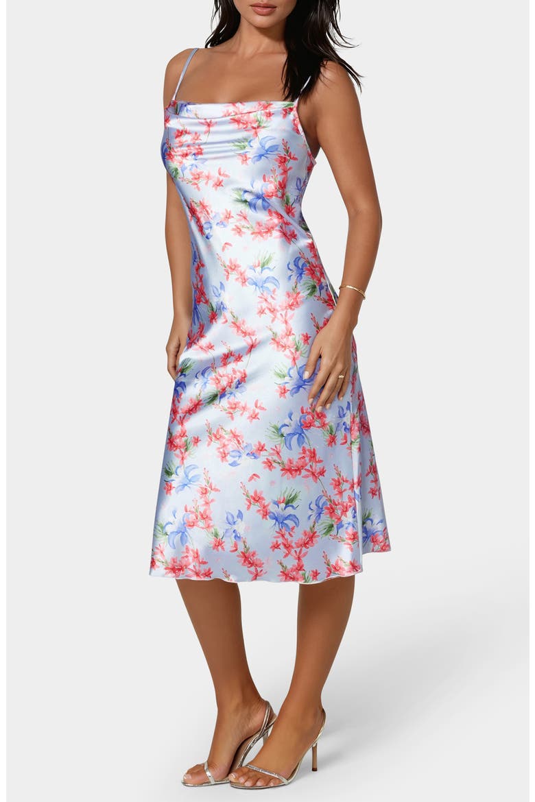 Printed Satin Bias Midi Dress, Alternate, color, BLUE/ RED
