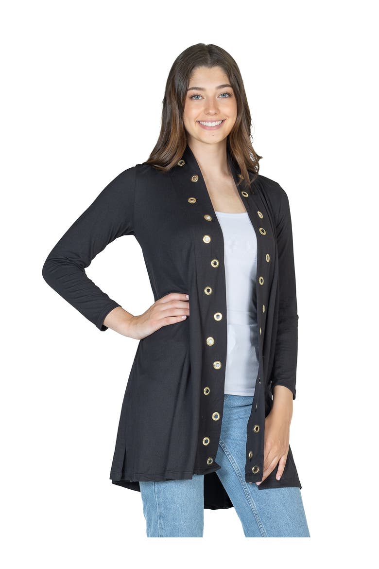 Long Sleeve Mid Thigh Open Front Cardigan with Grommet Details, Alternate, color, Black