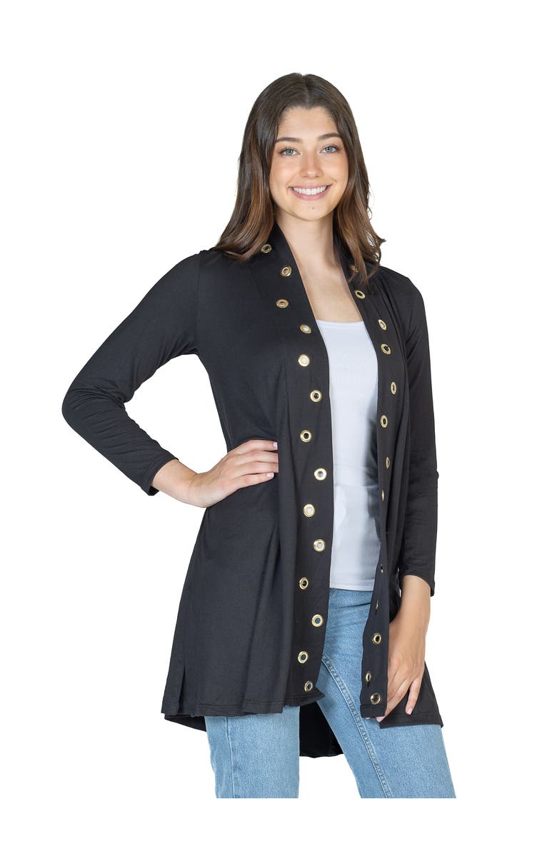 24seven Comfort Apparel Long Sleeve Mid Thigh Open Front Cardigan with Grommet Details, Alternate, color, Black