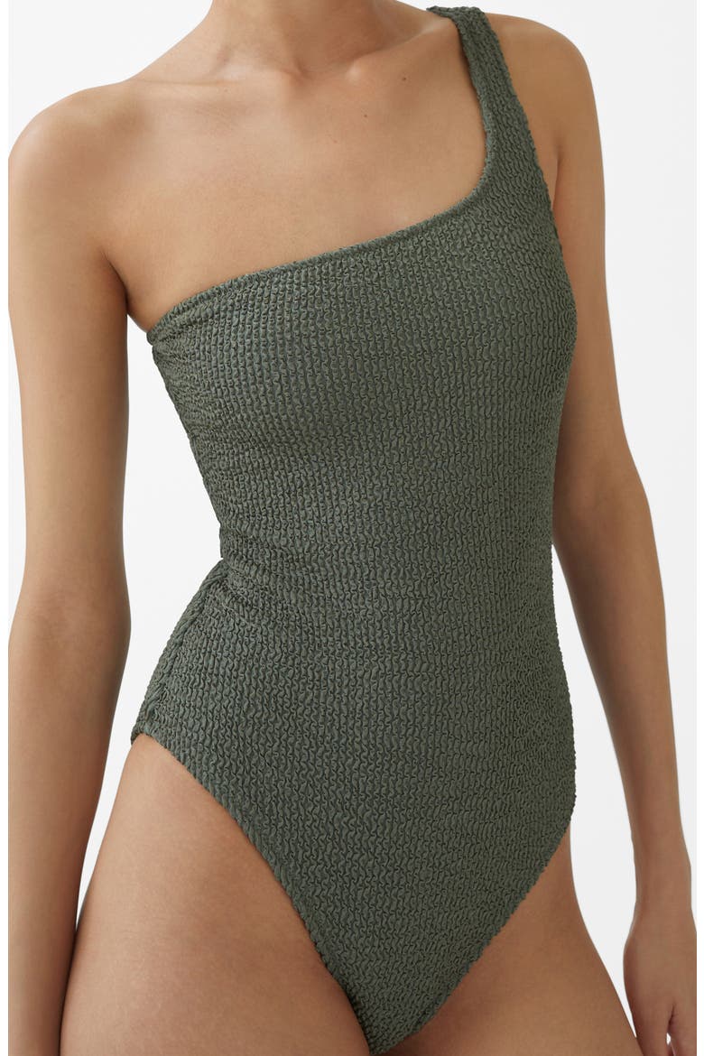 Textured One-Shoulder One-Piece Swimsuit, Alternate, color, OLIVE GREEN