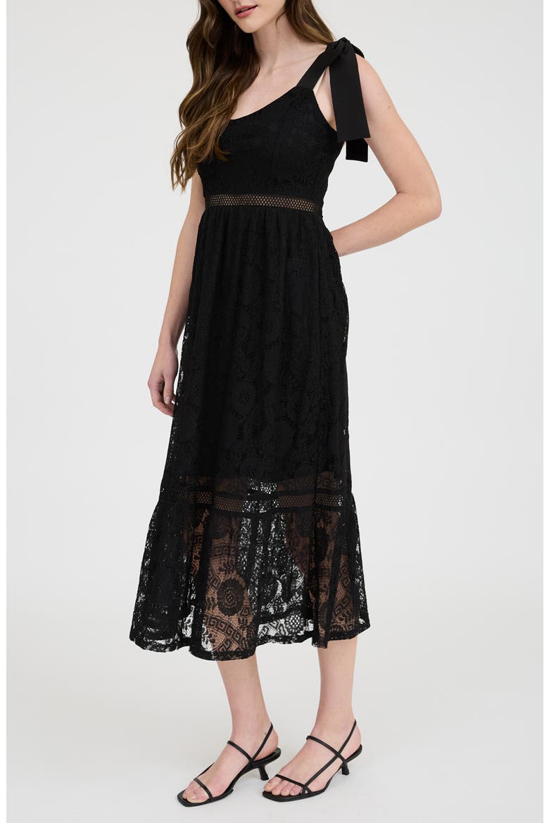 Tie Shoulder Lace Midi Dress, Alternate, color, BLACK