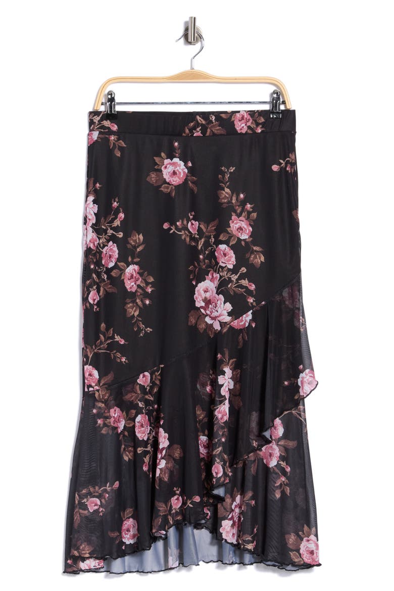 Ruffle Hem Mesh Skirt, Main, color, BLACK PEONIE
