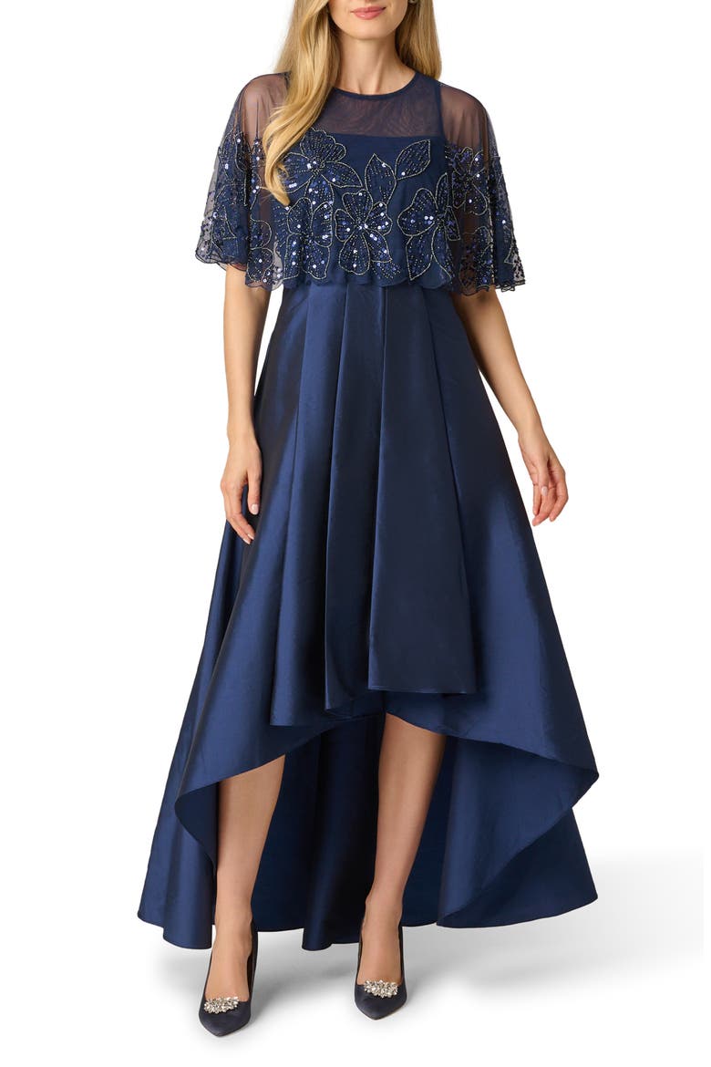 Beaded Cape Taffeta Gown, Main, color, LIGHT NAVY