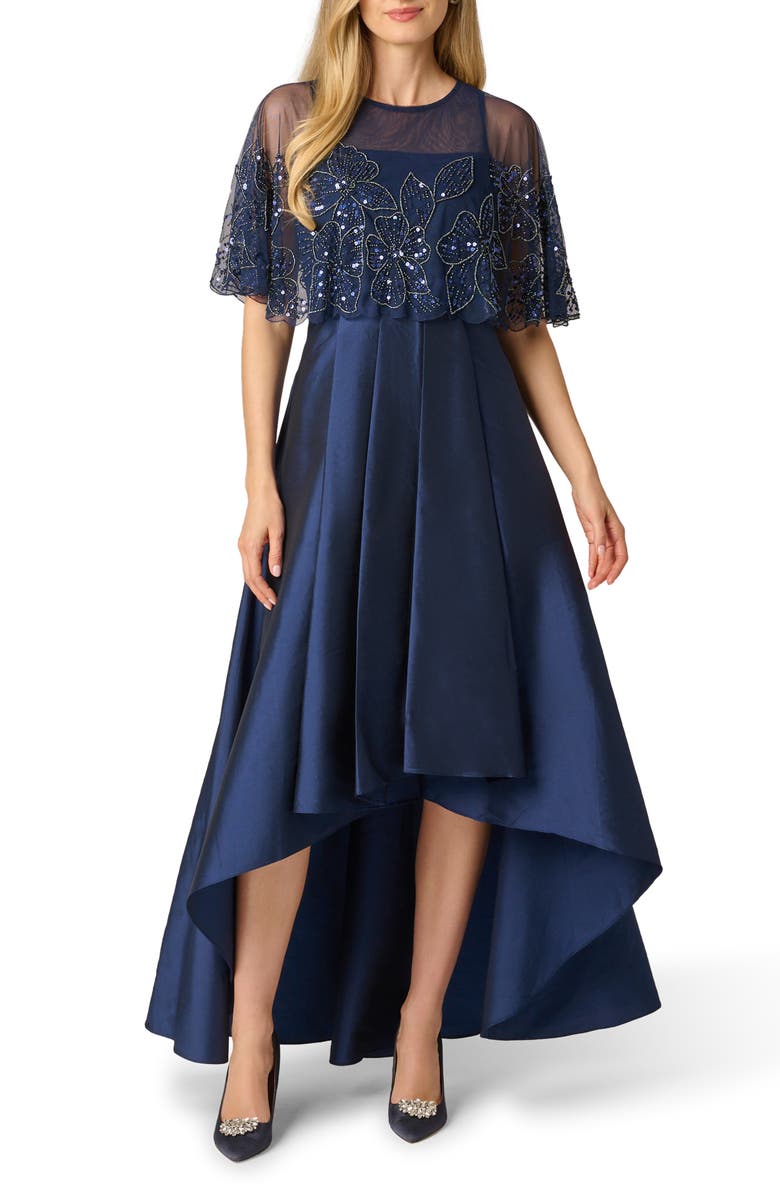 Adrianna Papell Beaded Cape Taffeta Gown, Main, color, 