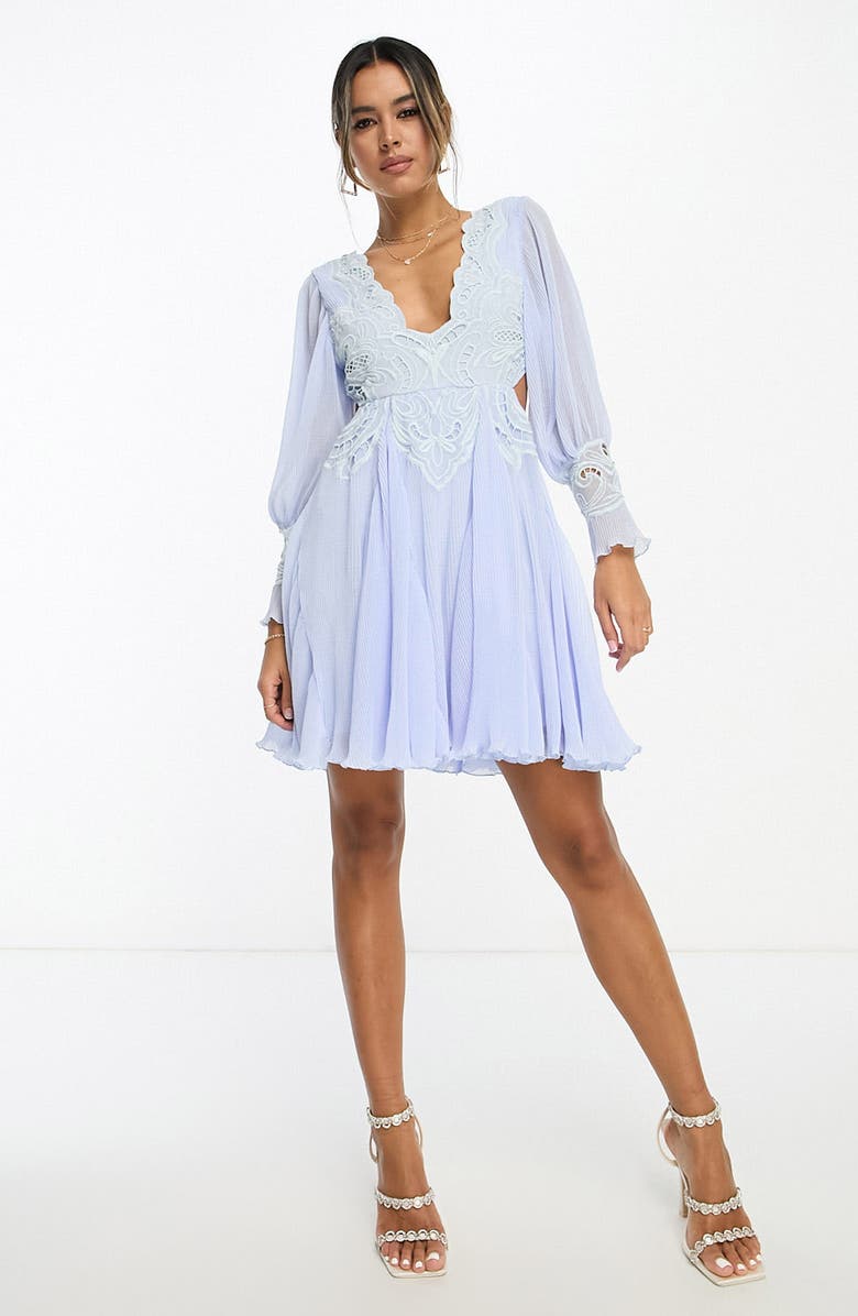 ASOS DESIGN Embroidered Long Sleeve Chiffon Minidress, Main, color, Light Blue