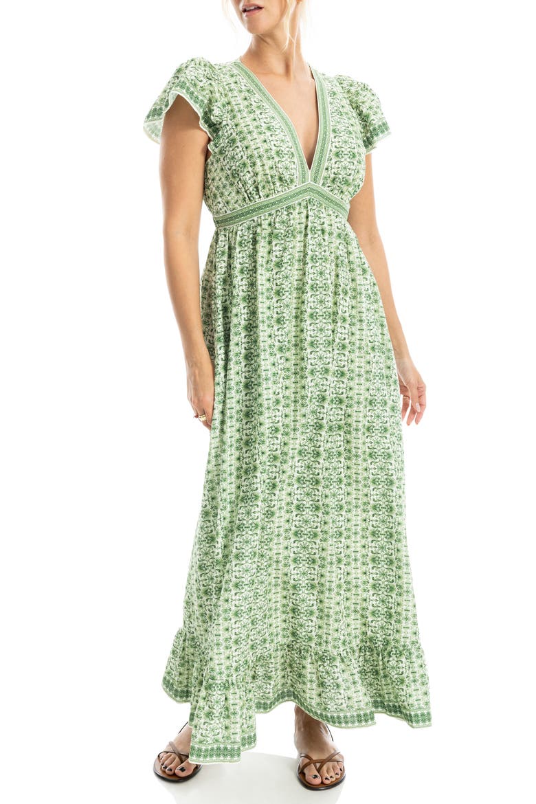 Floral Flutter Sleeve Maxi Dress, Alternate, color, CREAM/ LEAF DEMASK REVERIE