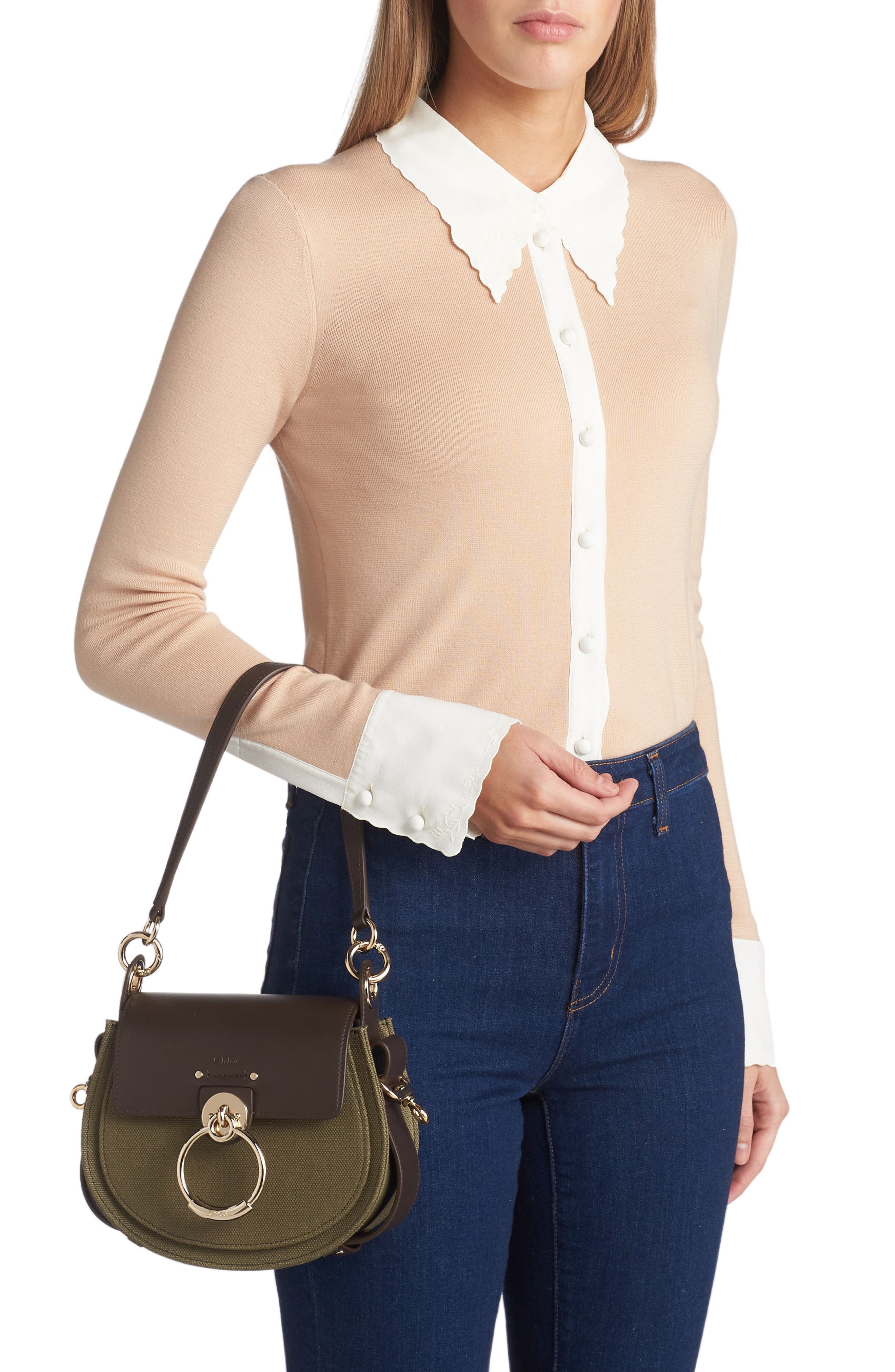 Chloé Small Tess Linen & Leather Crossbody Bag, Alternate, color, 