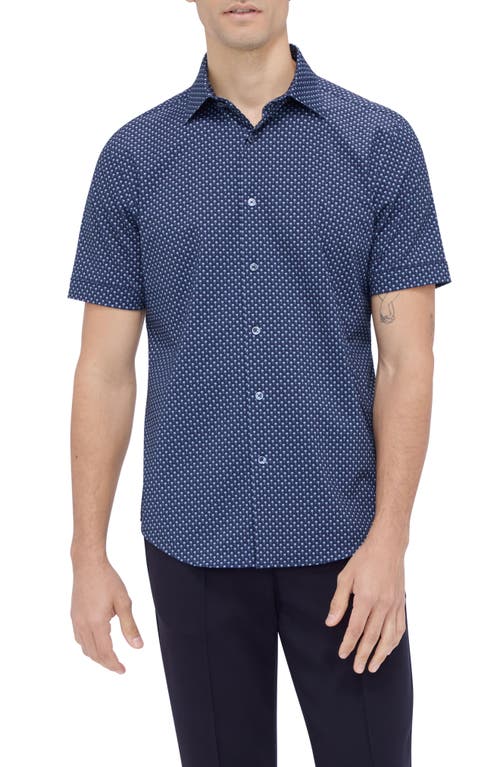 Bugatchi Miles OoohCotton® Palm Print Short Sleeve Button-Up Shirt in Navy 