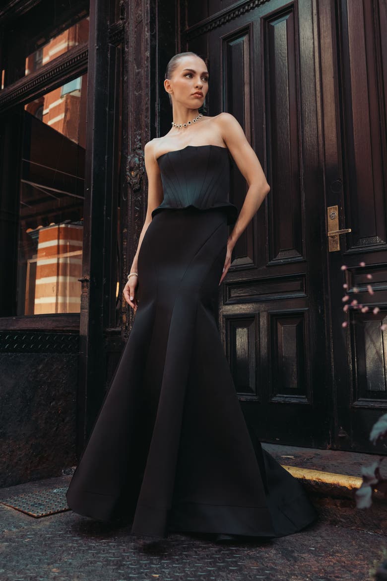 Strapless Satin Corset Mermaid Gown, Alternate, color, Black
