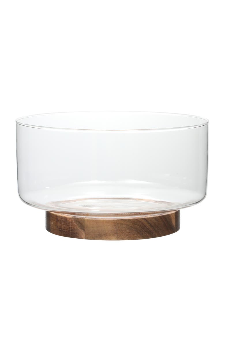 Farm Favorites Glass Salad Bowl Set with Acacia Wood Base and Utensils, Alternate, color, Clear