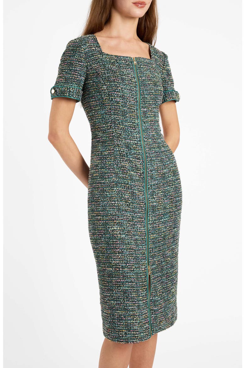 Bri Short Sleeve Zippered Tweed Dress, Alternate, color, Evergreen