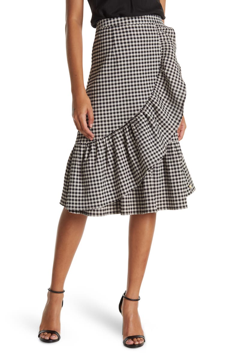 Scotch & Soda Gingham Ruffle Wrap Midi Skirt, Main, color, 
