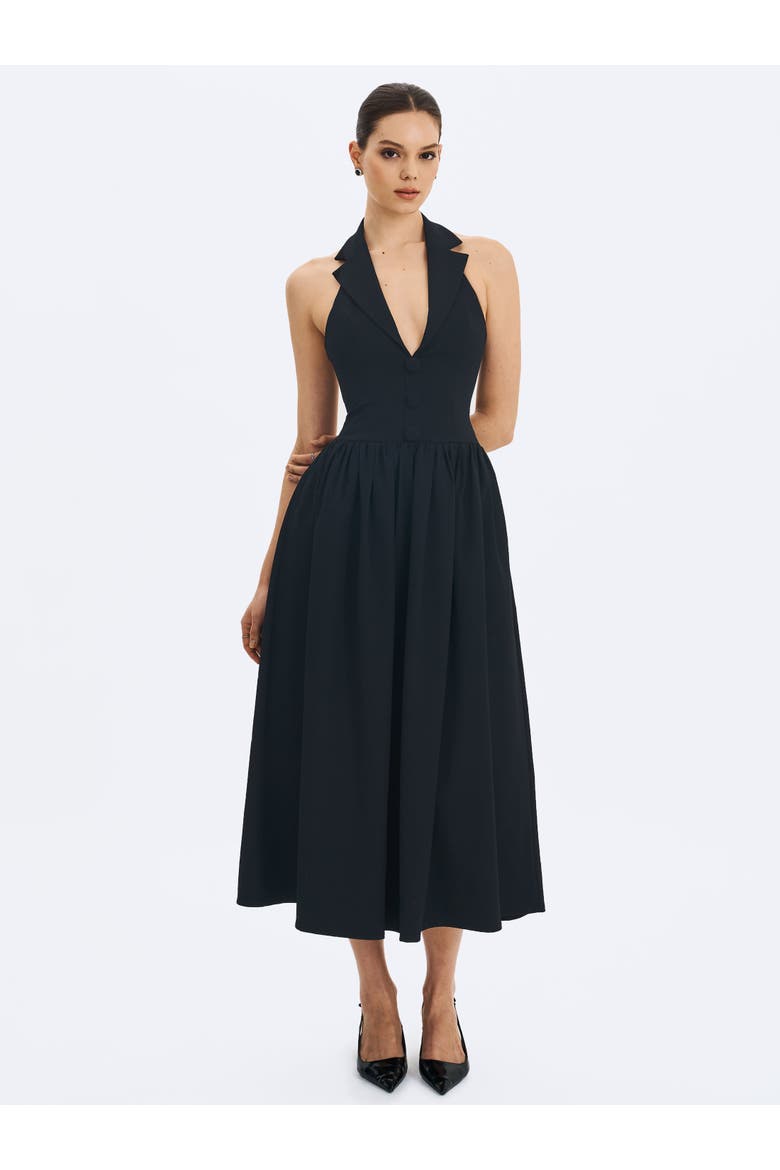 Delaney Lapel Halter Midi A-Line Dress, Alternate, color, Black