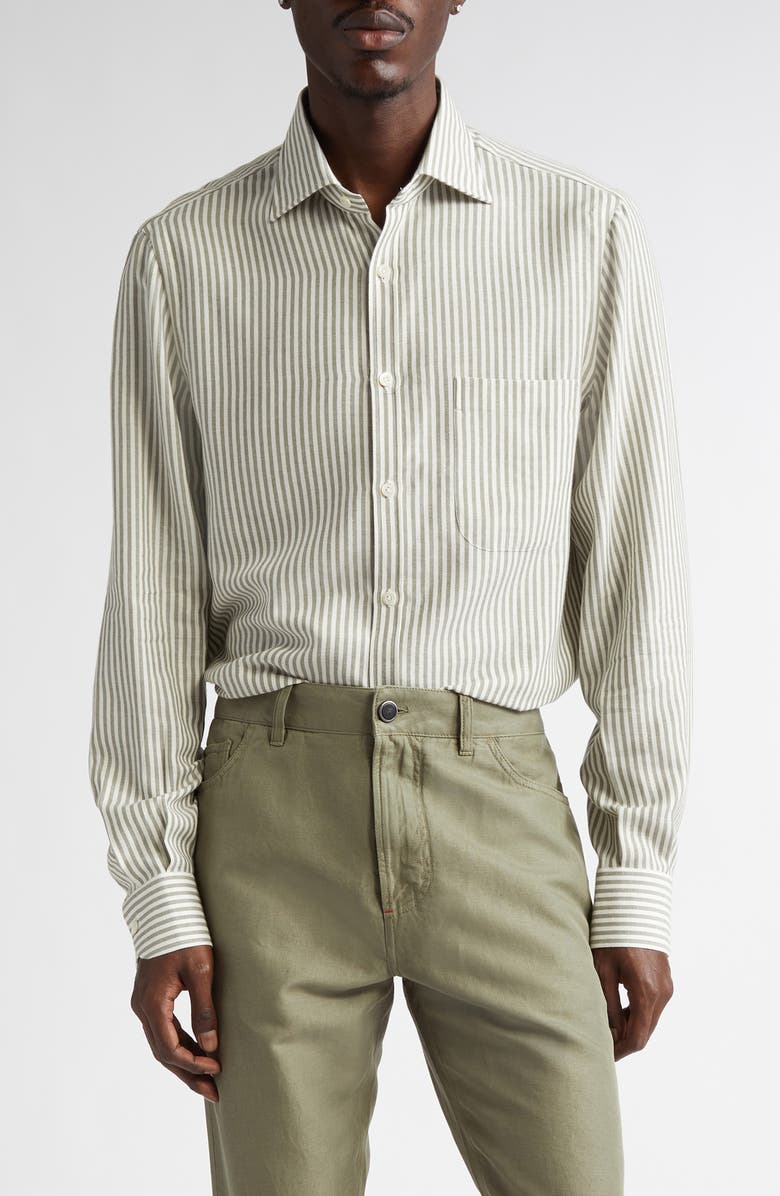 ISAIA Stripe Cotton & Cashmere Button-Up Shirt, Main, color, White/ Green