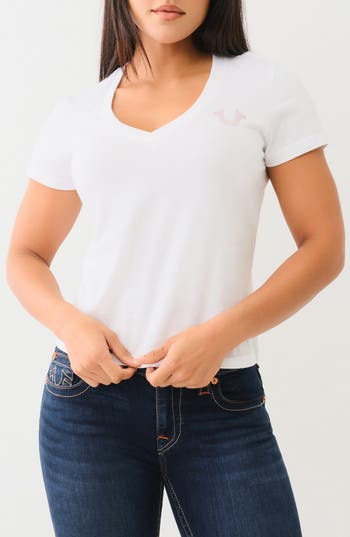 TRUE RELIGION TRUE RELIGION CRYSTAL HORSESHOE V-NECK T-SHIRT