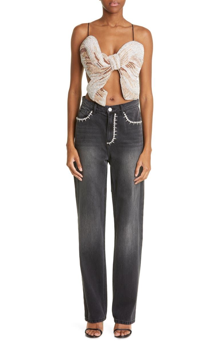 Area Crystal Spike Embellished Backslit Jeans, Alternate, color, 