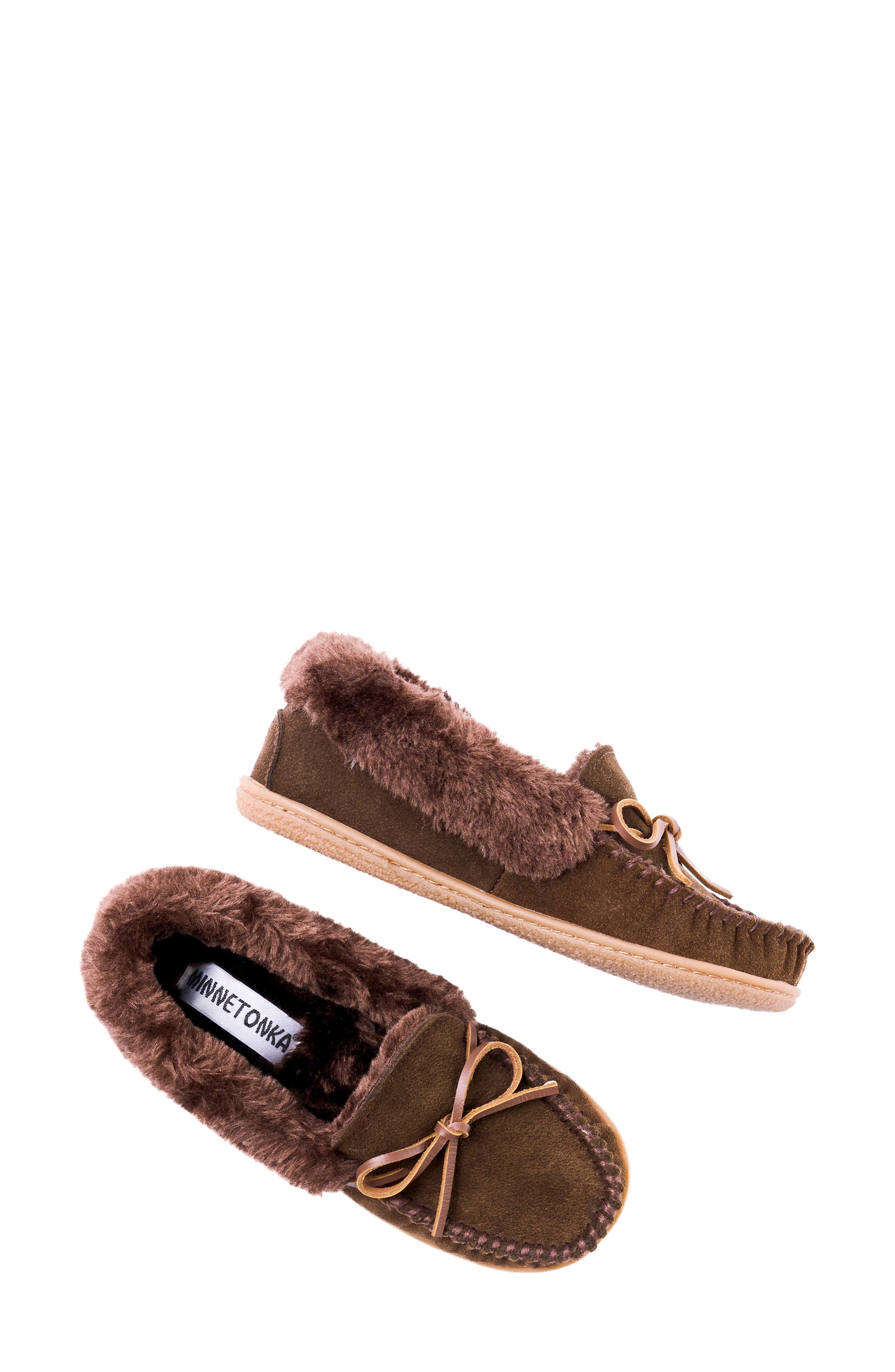 Camp Collar Faux Fur Suede Moccasin, Alternate, color, DARK CHOCOLATE