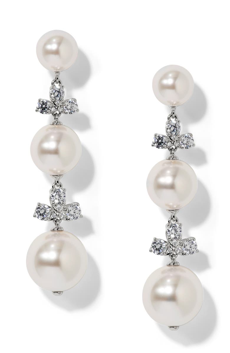 Nadri Faux Pearl Linear Drop Earrings, Main, color, Rhodium