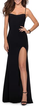 La Femme Chic Jersey Dress with Intricate Lace Up Back