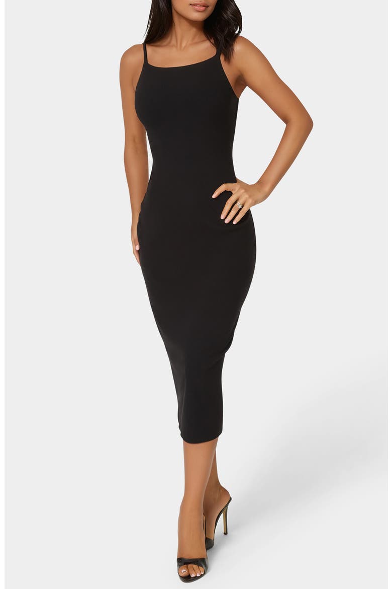 Square Neck Rib Knit Mid Dress, Main, color, BLACK