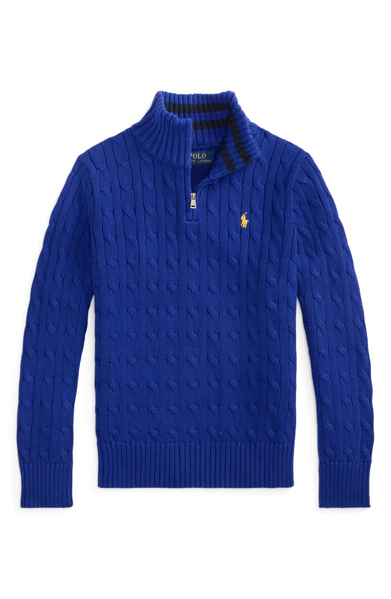 Polo Ralph Lauren Kids' Cabled Cotton Quarter Zip Sweater, Main, color, Blue