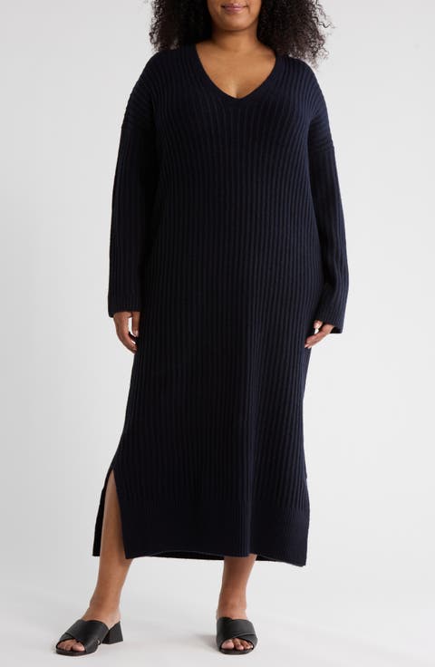 Ribbed Long Sleeve Sweater Dress (Plus)