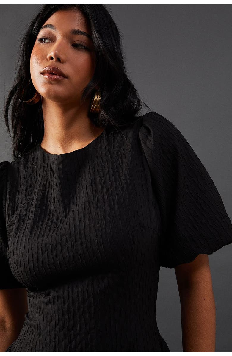 Warehouse Seersucker Puff Sleeve Midi Dress, Alternate, color, Black