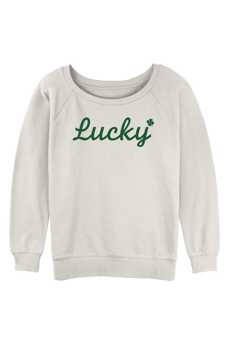Junior's Green Lucky Shamrock Long Sleeve Oversized Sweatshirt, Main, color, Egret