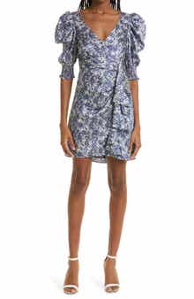 Cinq à Sept Lucinda Smocked Puff Sleeve Ruffle Faux Wrap Minidress