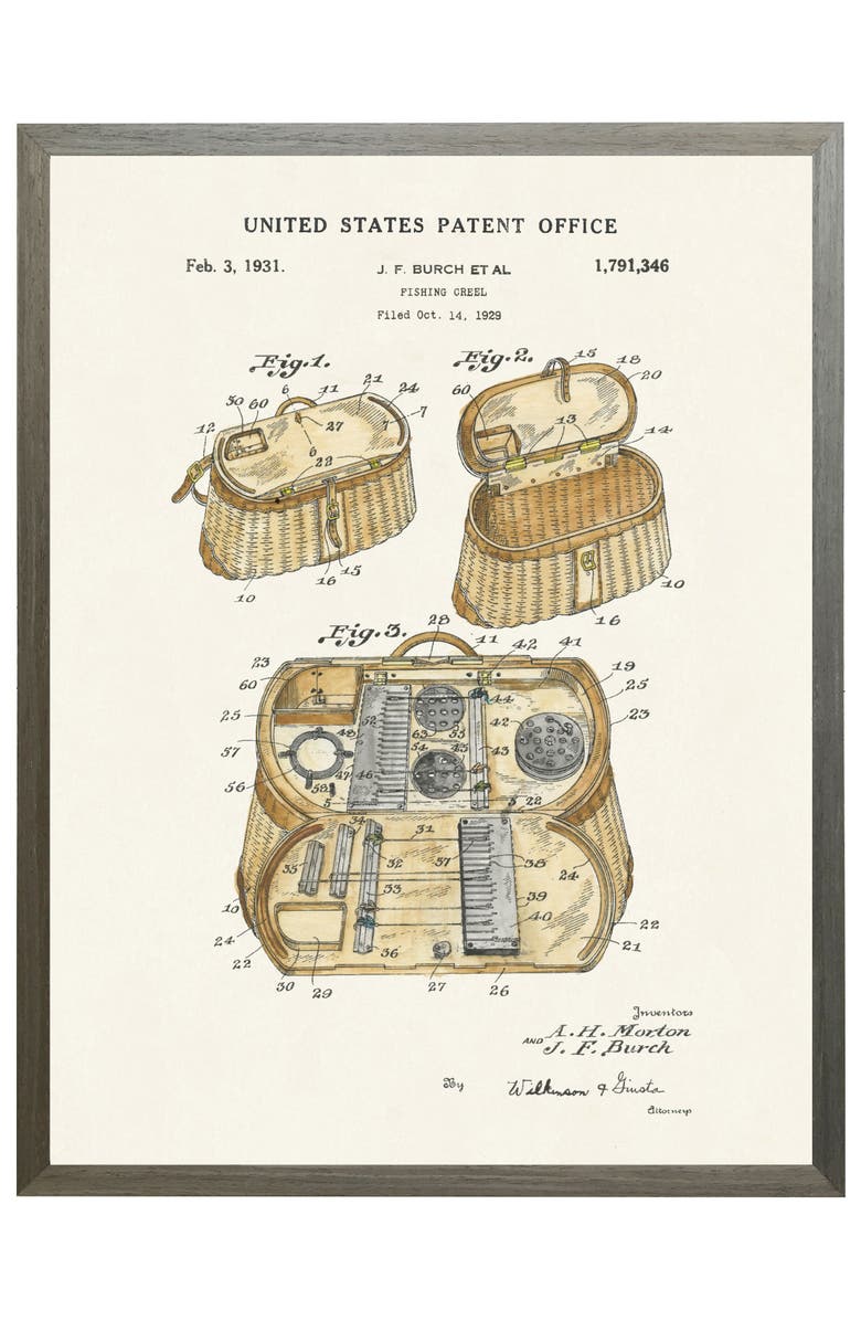 Antique Curiosities Fishing Creel Patent in Black Frame, Main, color, NO COLOR