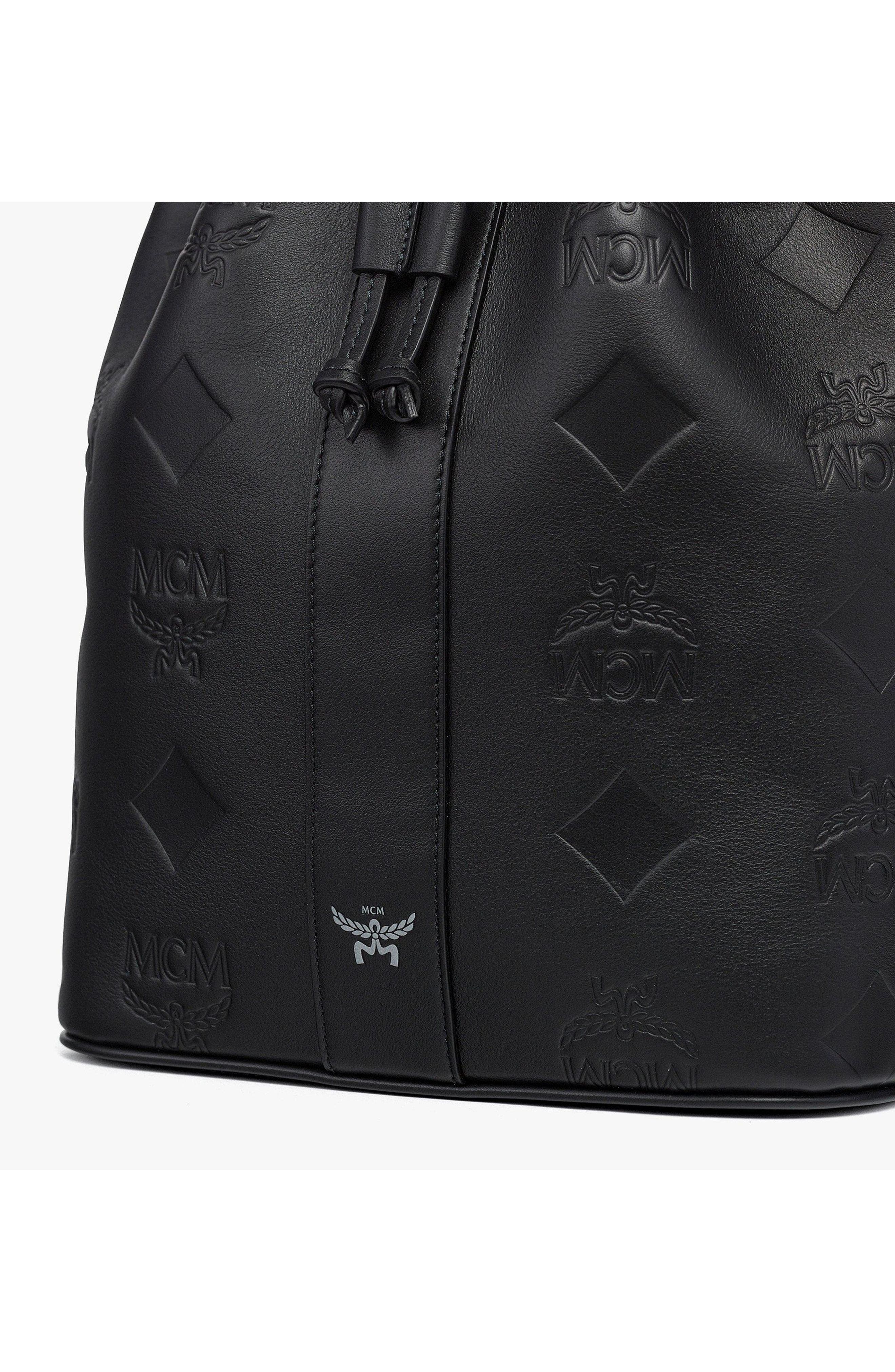 MCM Medium Dessau Drawstring Bag in Maxi Monogram Leather, Alternate, color, Black