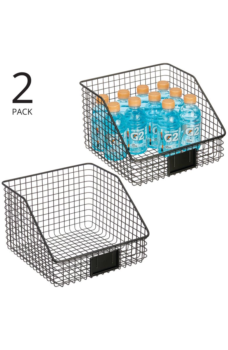 mDesign Metal Open-Front Pantry Basket with Label Plate - Set of 2 - Matte Black, Alternate, color, Matte Black