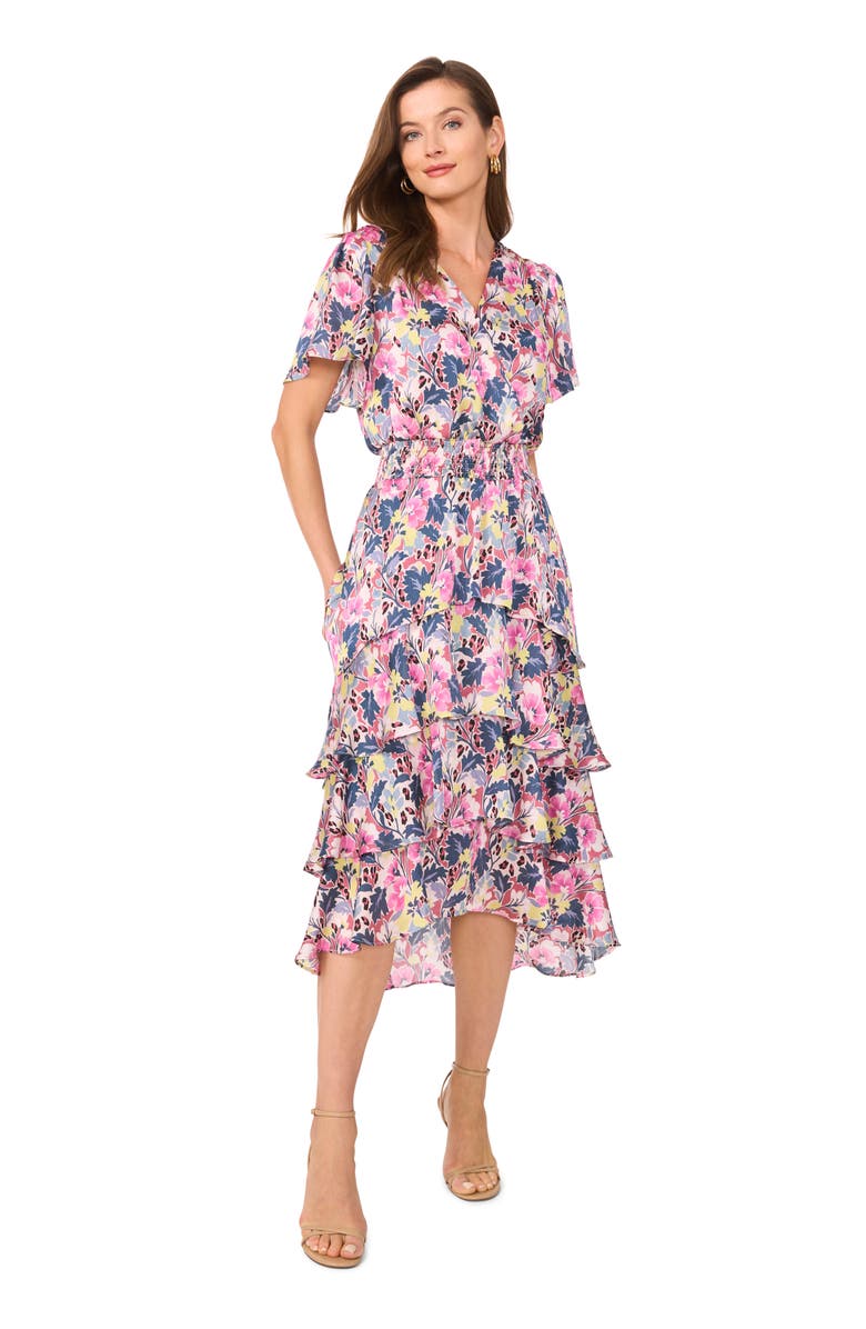 Vince Camuto Floral Tiered Flutter Sleeve Midi Dress, Alternate, color, 