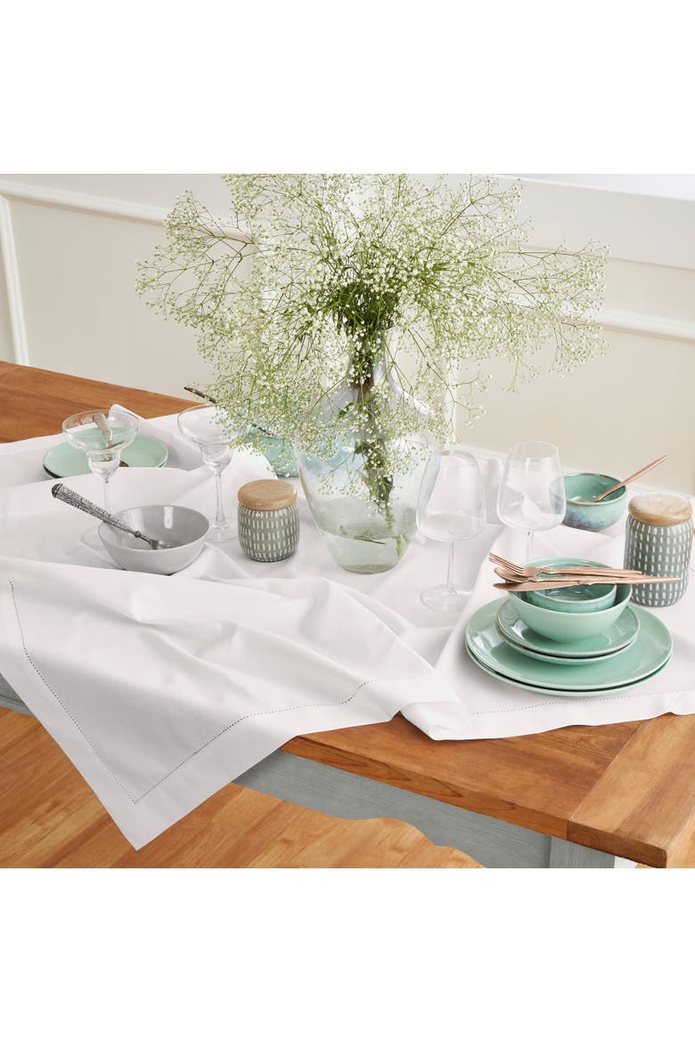 Cotton Linen Hemstitch Table Throw 52 x 52 Inch, Main, color, White