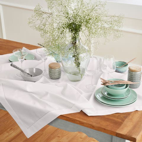 Cotton Linen Hemstitch Table Throw 52 x 52 Inch for Dining Table, Holiday and Everyday Table Decor