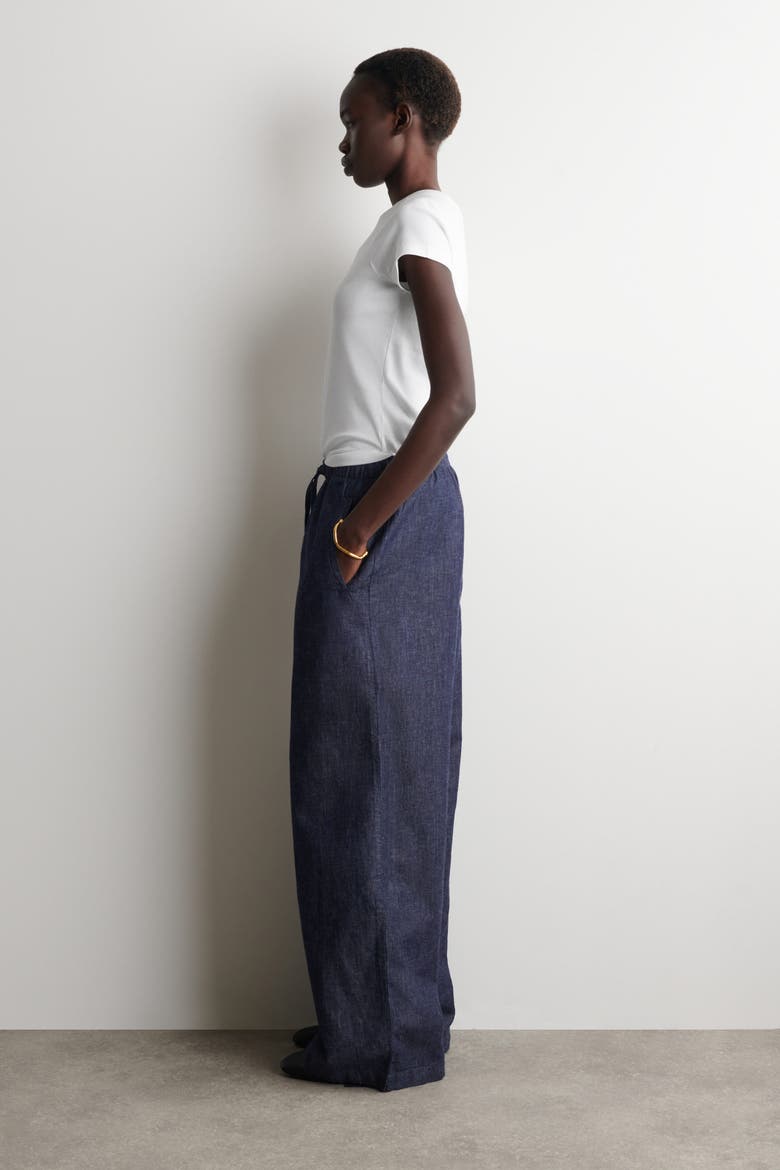 Denim Wide-leg Drawstring Pants, Alternate, color, INDIGO