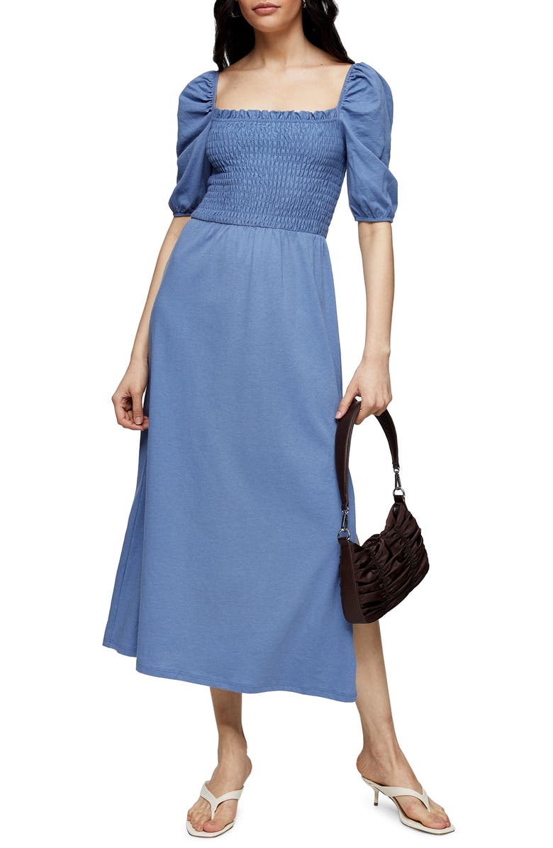 Topshop Shirred Midi Dress, Main, color, 