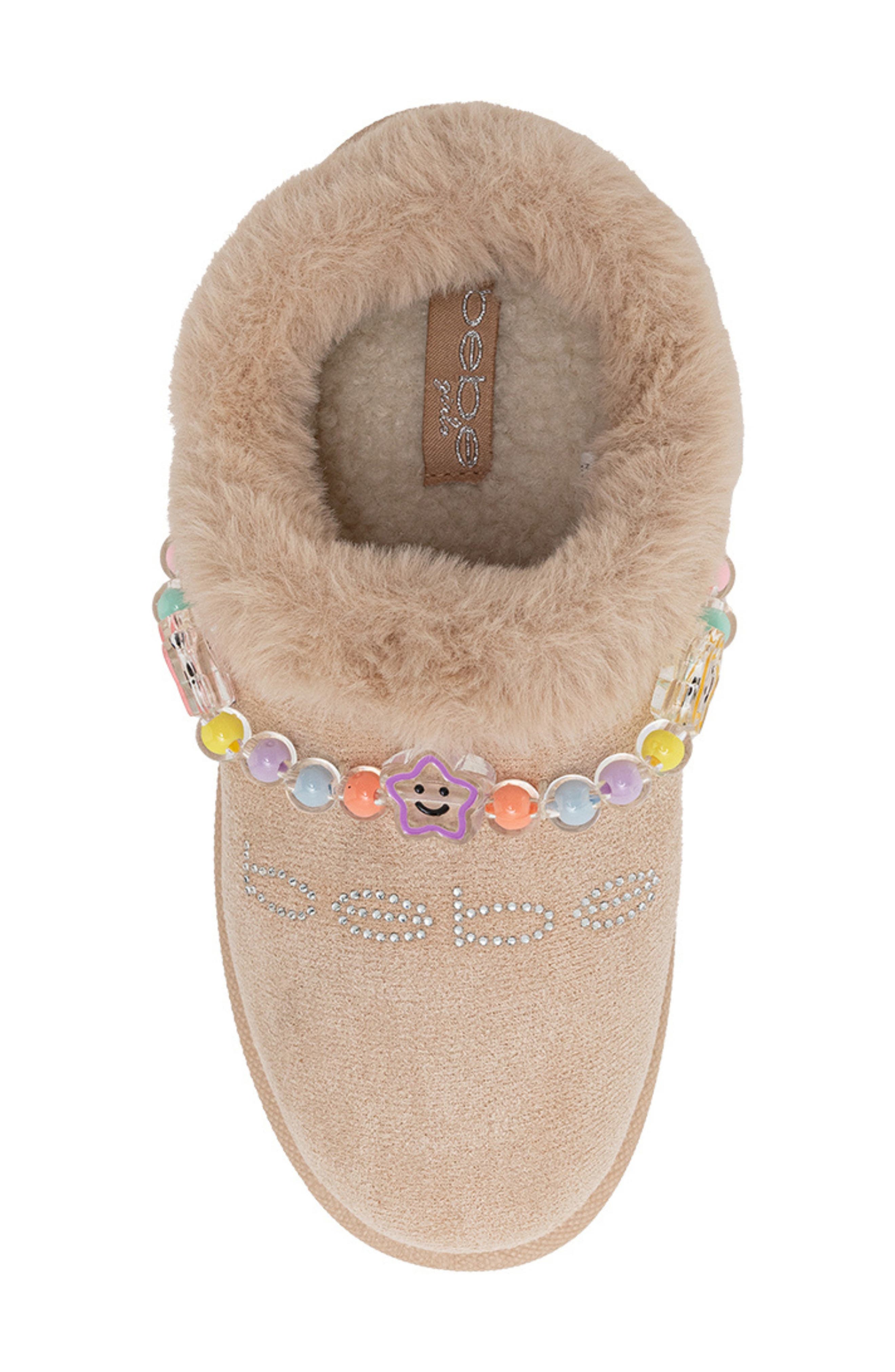 bebe Kids' Cozy Friendship Beaded Faux Fur Trim Slipper, Alternate, color, 