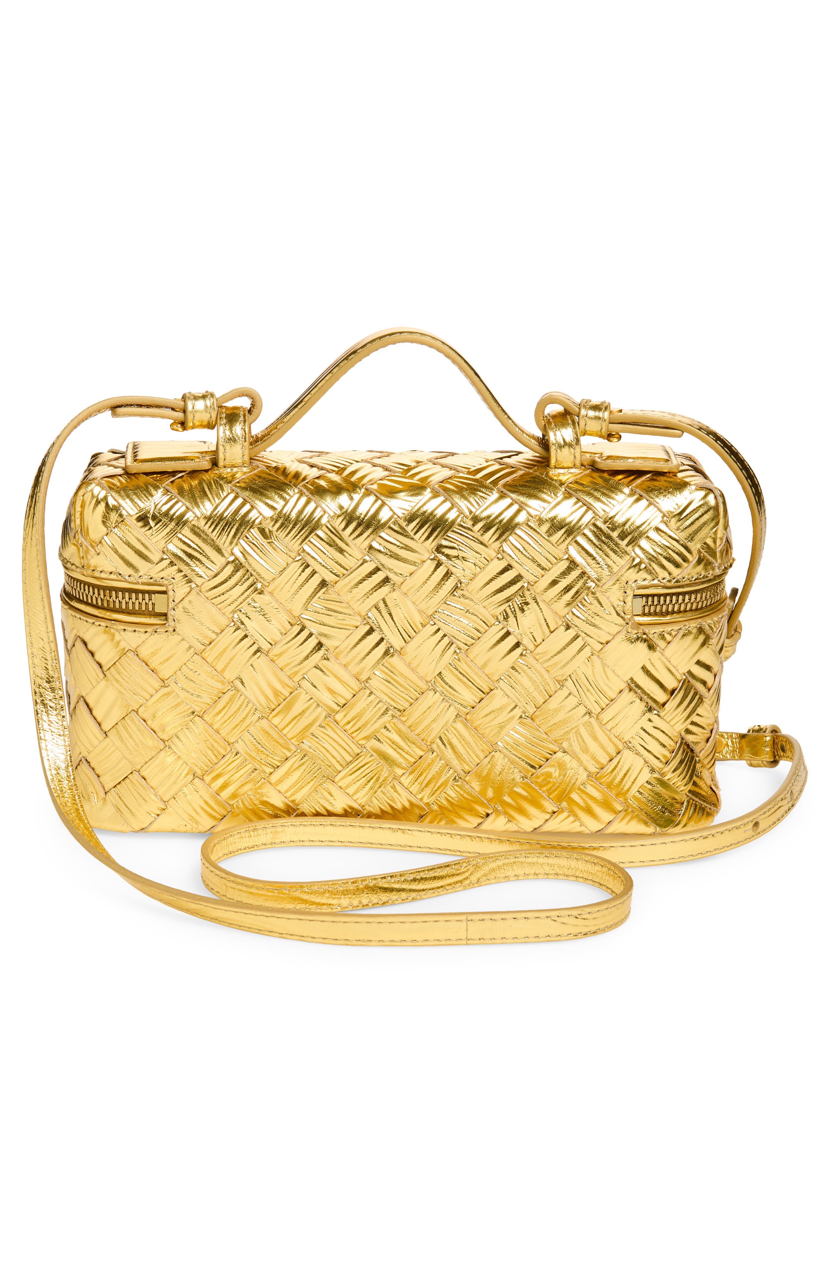 Bottega Veneta Bang Bang Intrecciato Metallic Leather Crossbody Vanity Case, Alternate, color, 8472 Gold / Gold