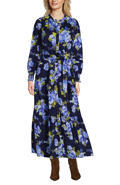 Lands' End Pinwale Cord Smocked Sleeve Maxi Dress In Blue