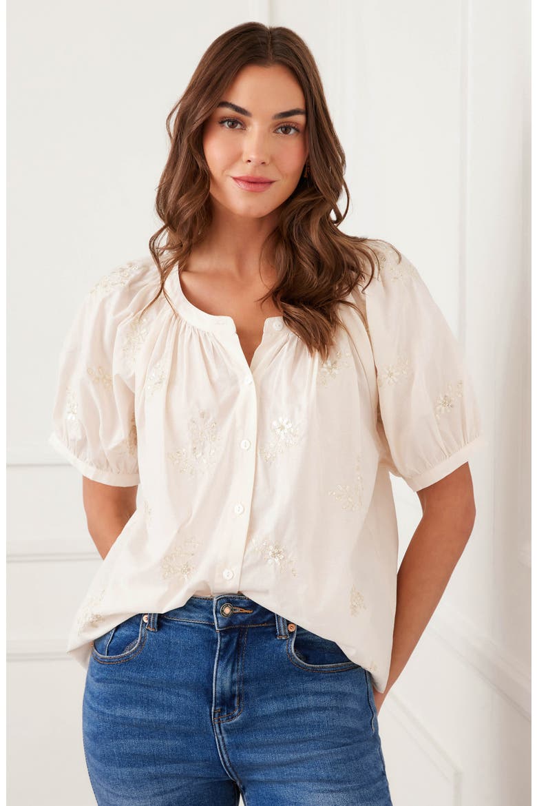 Floral Embroidered Button-Up Peasant Top, Alternate, color, NATURAL