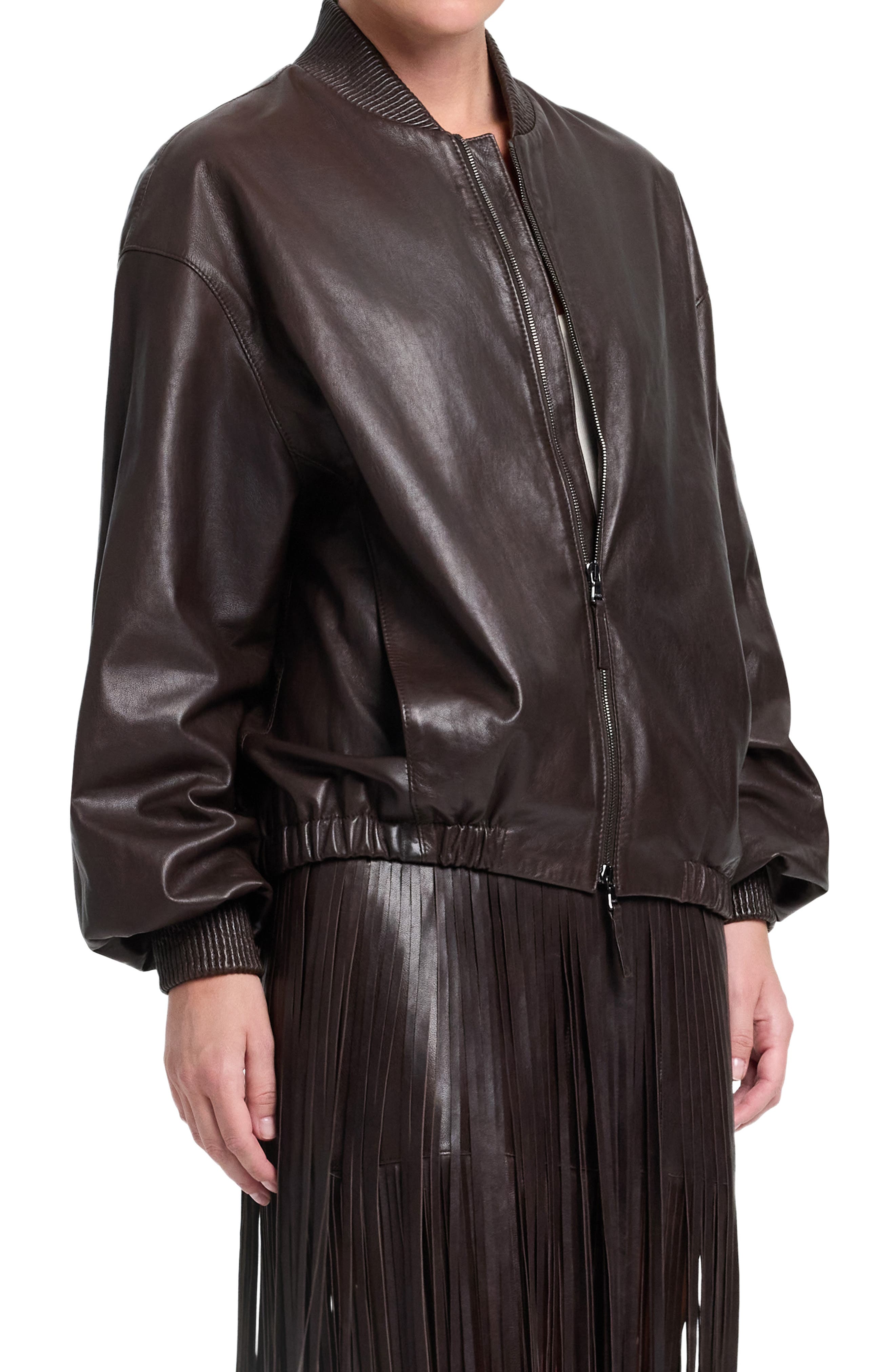 Twp Bubble Hem Leather Bomber Jacket In Brown