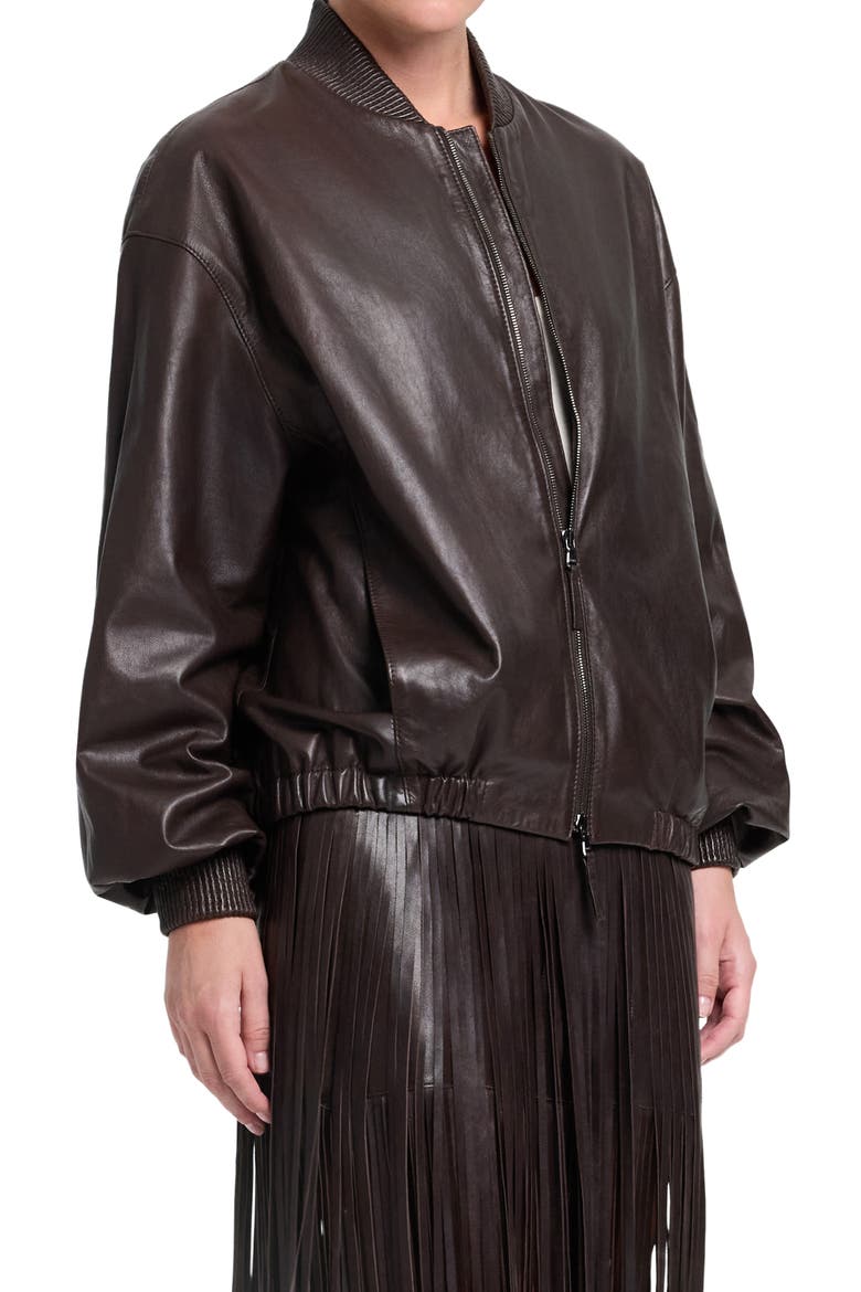 Bubble Hem Leather Bomber Jacket, Main, color, DARK CHOCOLATE