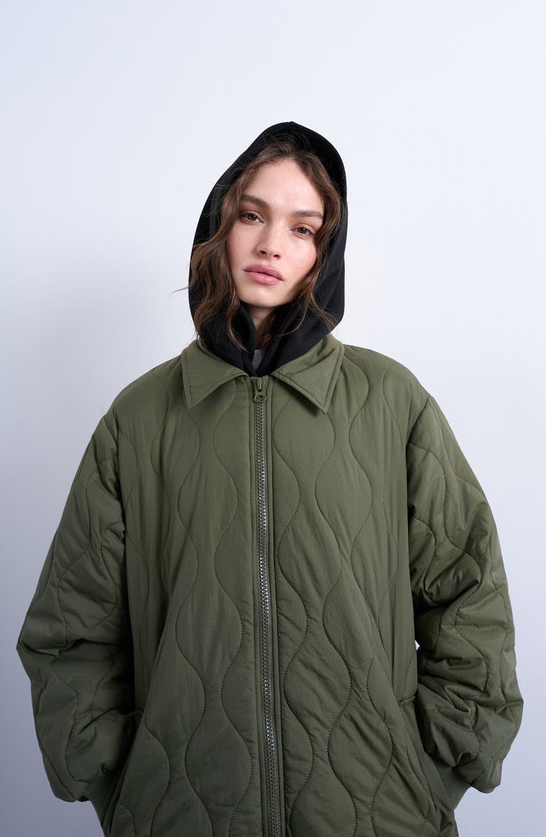Topshop Belted Quilted Liner Jacket, Alternate, color, Medium Green