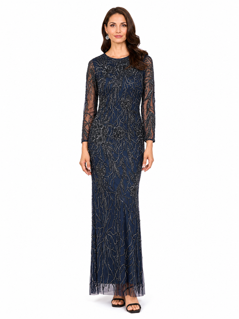 High Neck, Long Sleeve Beaded Gown
