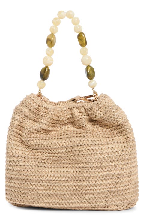 Beaded Handle Straw Crossbody Bag