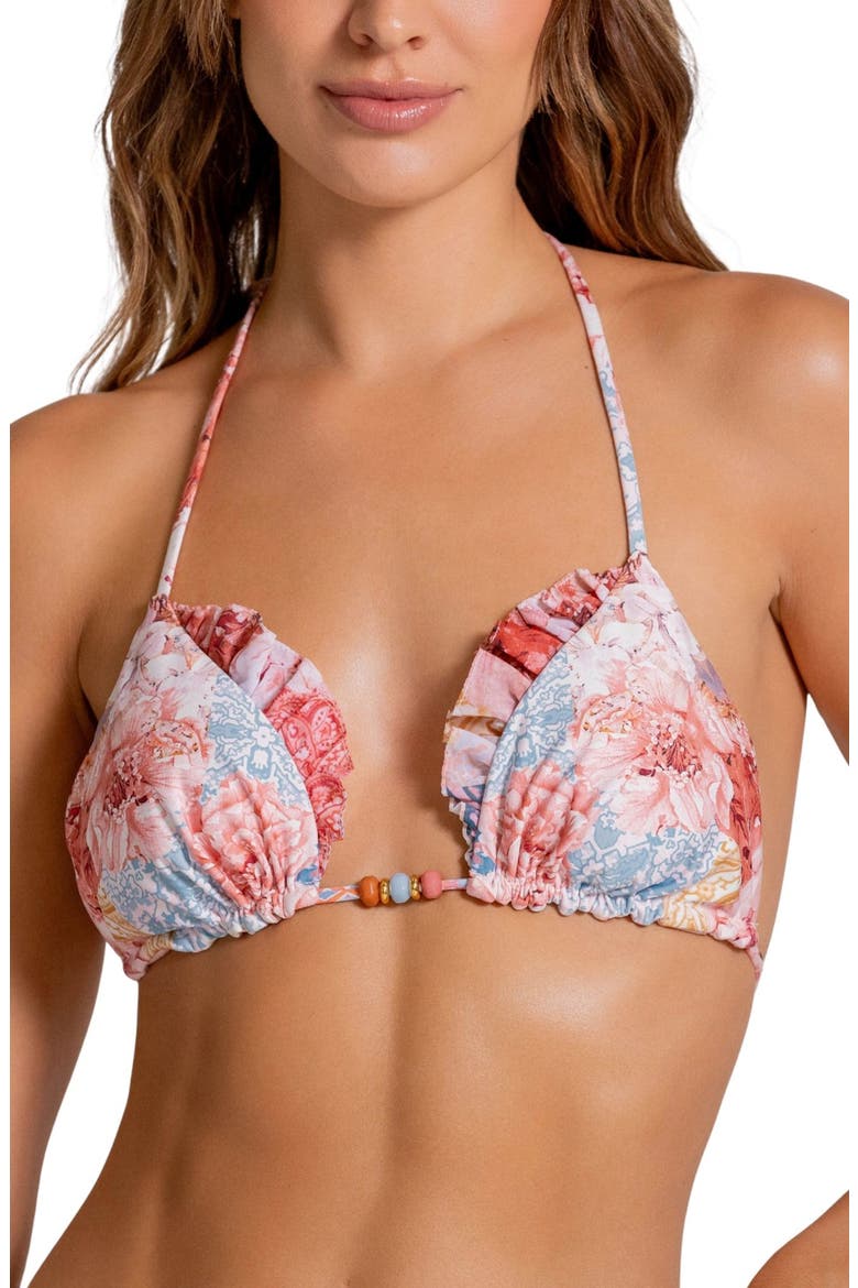 Ruffle Triangle Bikini Top, Alternate, color, WHITE MULTI