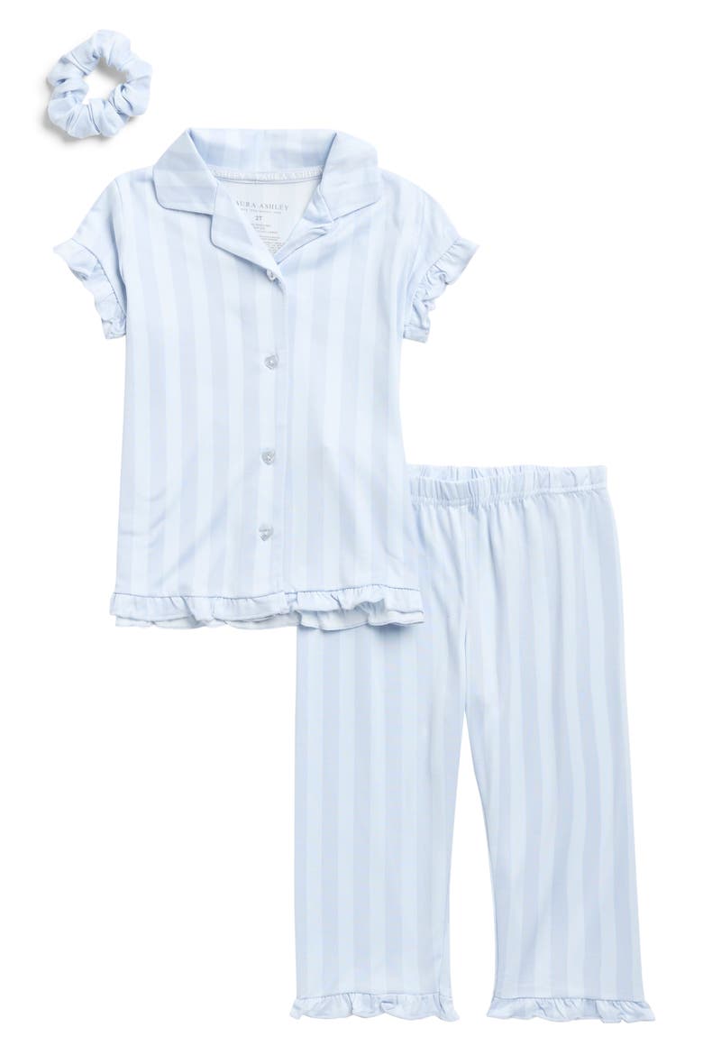 Kids' Ruffle Short Sleeve Pajamas & Scrunchie Set, Main, color, BLUE STRIPE