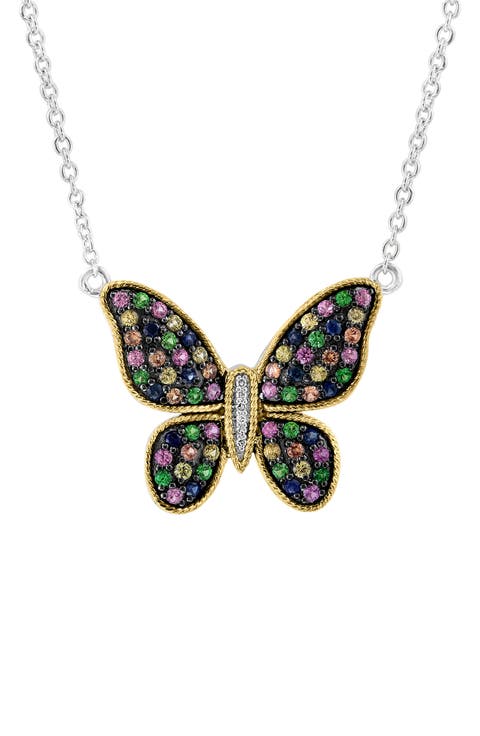 Semiprecious Stone & Diamond Butterfly Pendant Necklace
