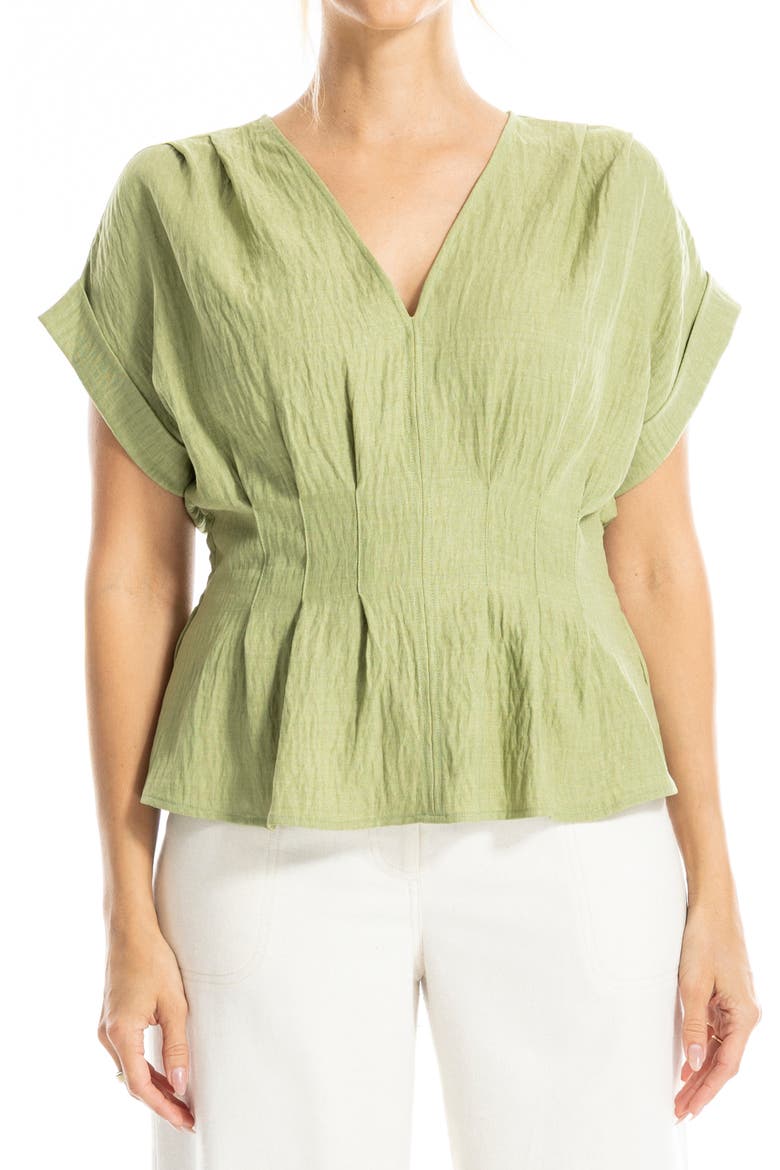 Pleated V-Neck Woven Top, Main, color, HEATHER LEAF